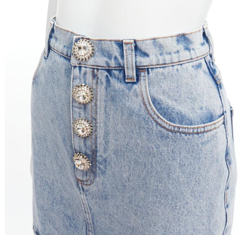 ALESSANDRA RICH blue washed denim clear crystal embellished mini skirt 26‚Äù For Sale 2