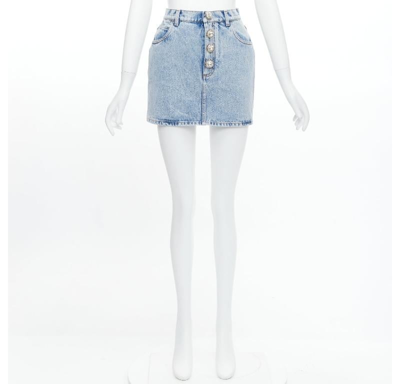 ALESSANDRA RICH blue washed denim clear crystal embellished mini skirt 26‚Äù For Sale 4
