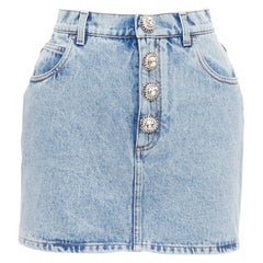 ALESSANDRA RICH blue washed denim clear crystal embellished mini skirt 26‚Äù