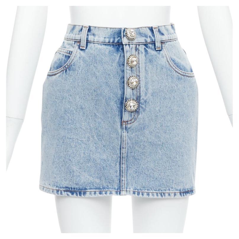 ALESSANDRA RICH blue washed denim clear crystal embellished mini skirt 26‚Äù For Sale