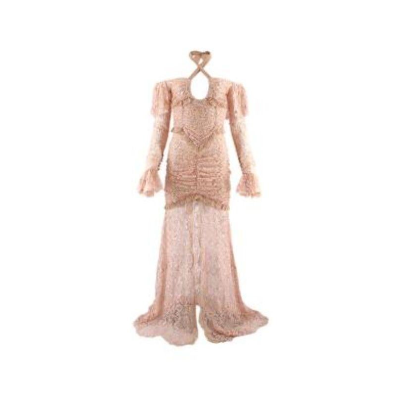 Alessandra Rich Blush Lace Off-Shoulder Gown

- Pale rose pink dress with halter neck and long sleeves 
- Lined to mini skirt length with sheer lace maxi skirt and a slit down the front 
- Ribbon tie halter neck and curved neck line
- Drop shoulder
