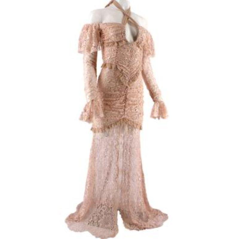 Alessandra Rich Blush Lace Off-Shoulder Gown In Good Condition For Sale In London, GB