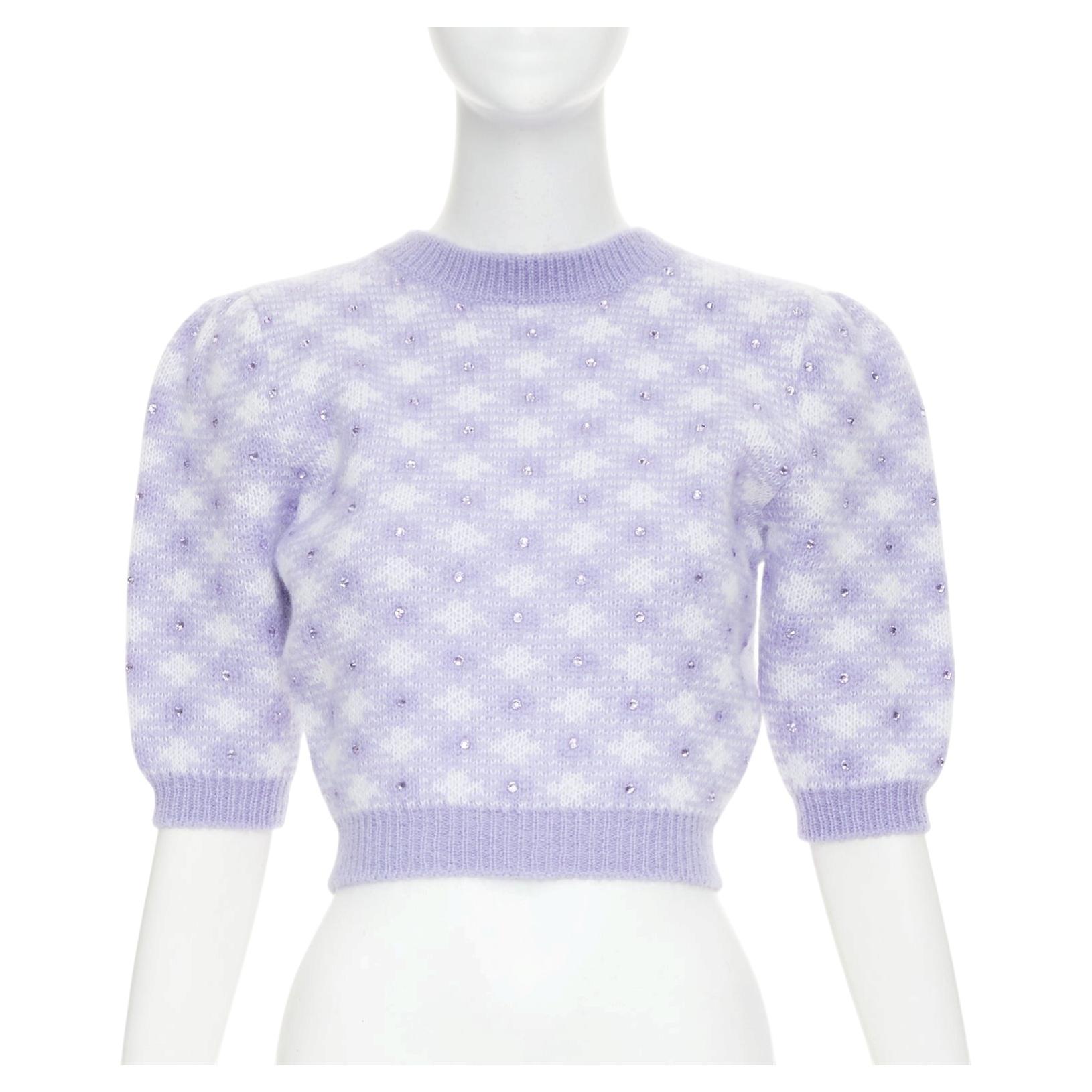 Pre-owned Alessandra Rich Cream Mohair Blend Crystal Embellished Cropped Pullover It36 Xxs In White