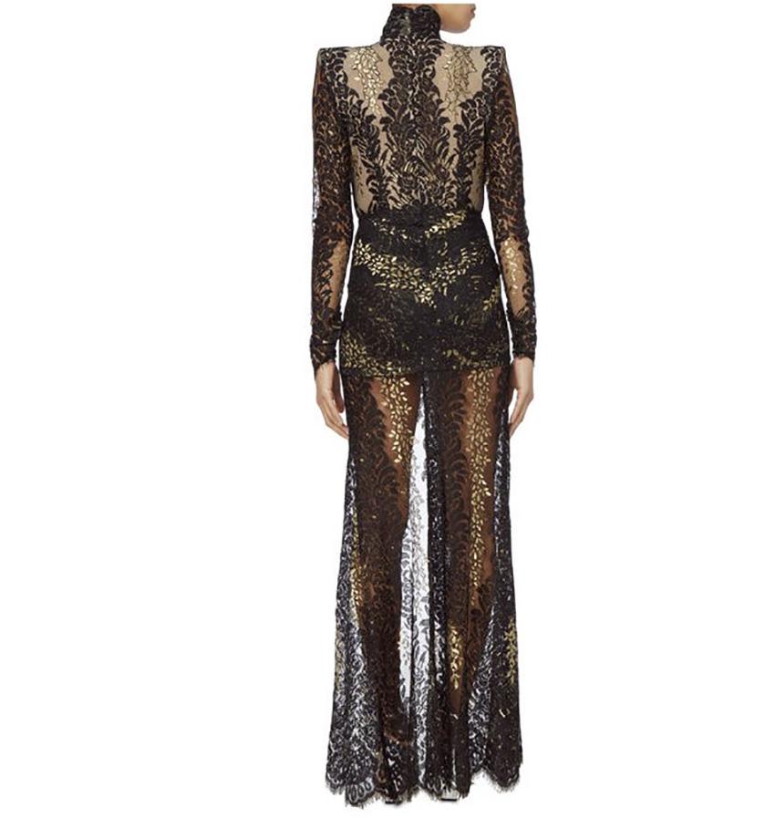 ALESSANDRA RICH CRYSTAL-EMBELLISHED LACE PLUNGING GOWN Fr 36 In Excellent Condition In Montgomery, TX