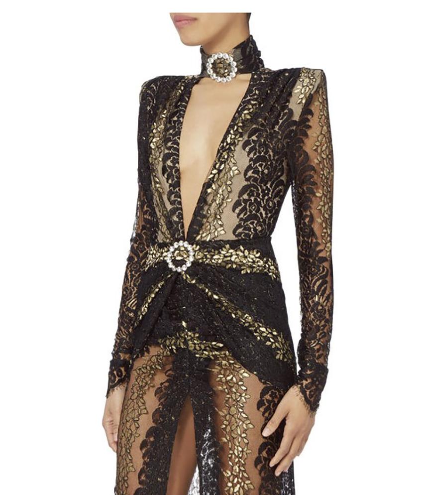 Women's ALESSANDRA RICH CRYSTAL-EMBELLISHED LACE PLUNGING GOWN Fr 36