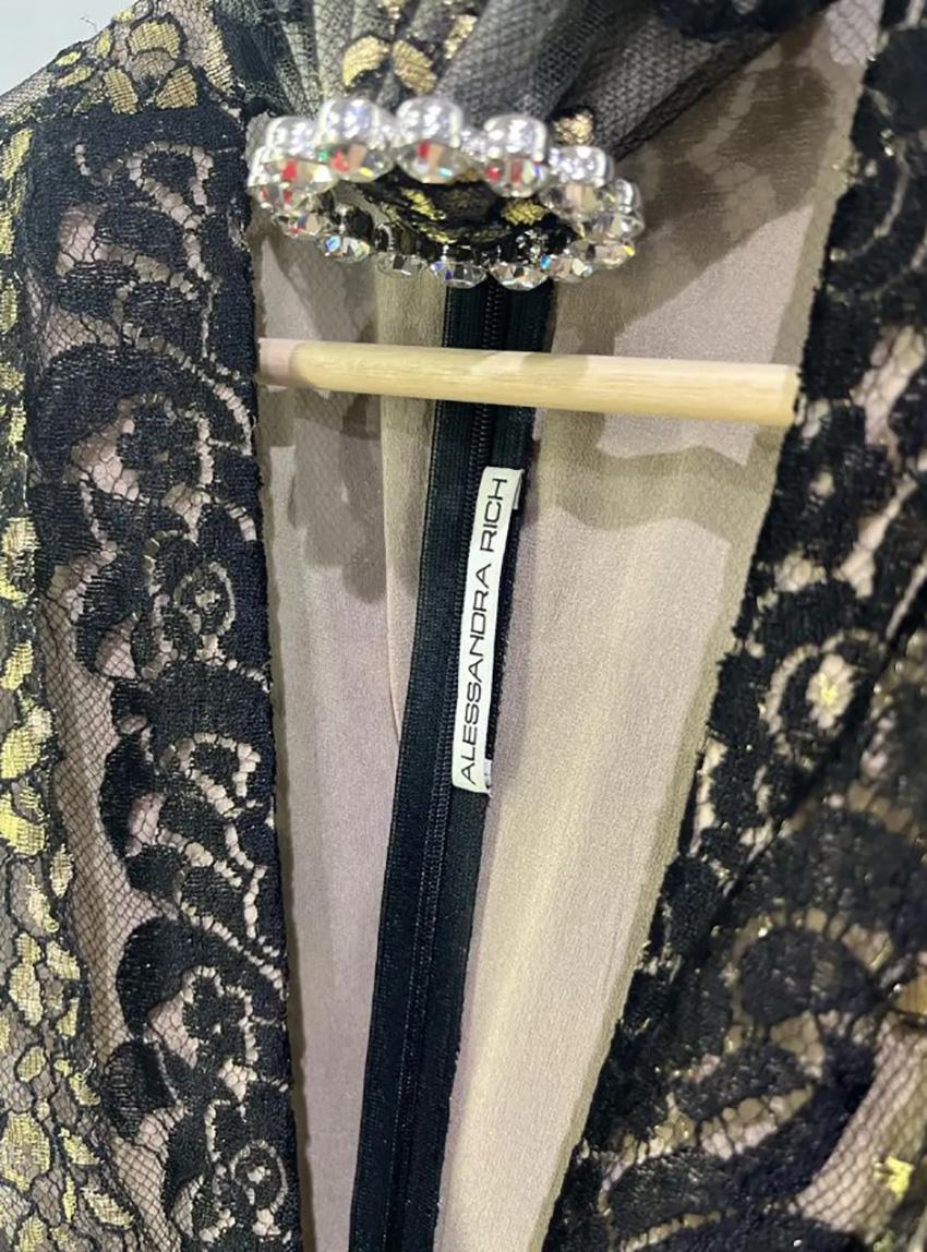 ALESSANDRA RICH CRYSTAL-EMBELLISHED LACE PLUNGING GOWN Fr 36 3
