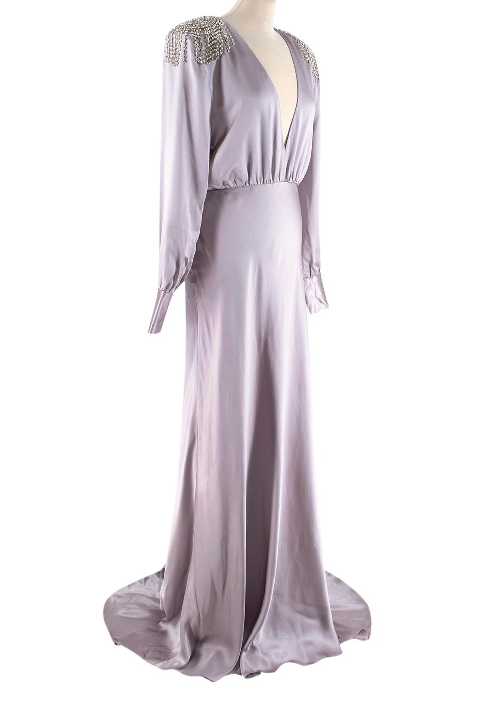 Alessandra Rich Crystal Embellished Lavender Silk Gown
 

 -Alessandra Rich fluid silk dress with V neckline and padded shoulders.
 - It features embroidered crystals, concealed back zip closure, covered buttons on the cuffs and longer back.
