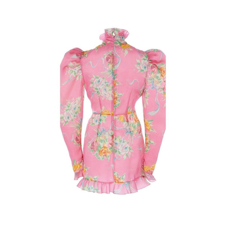 Alessandra Rich Floral Puff-Sleeve Silk Mini Dress IT42 US6