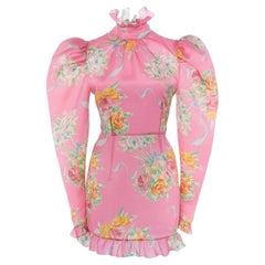 Alessandra Rich Floral Puff-Sleeve Silk Mini Dress IT42 US6