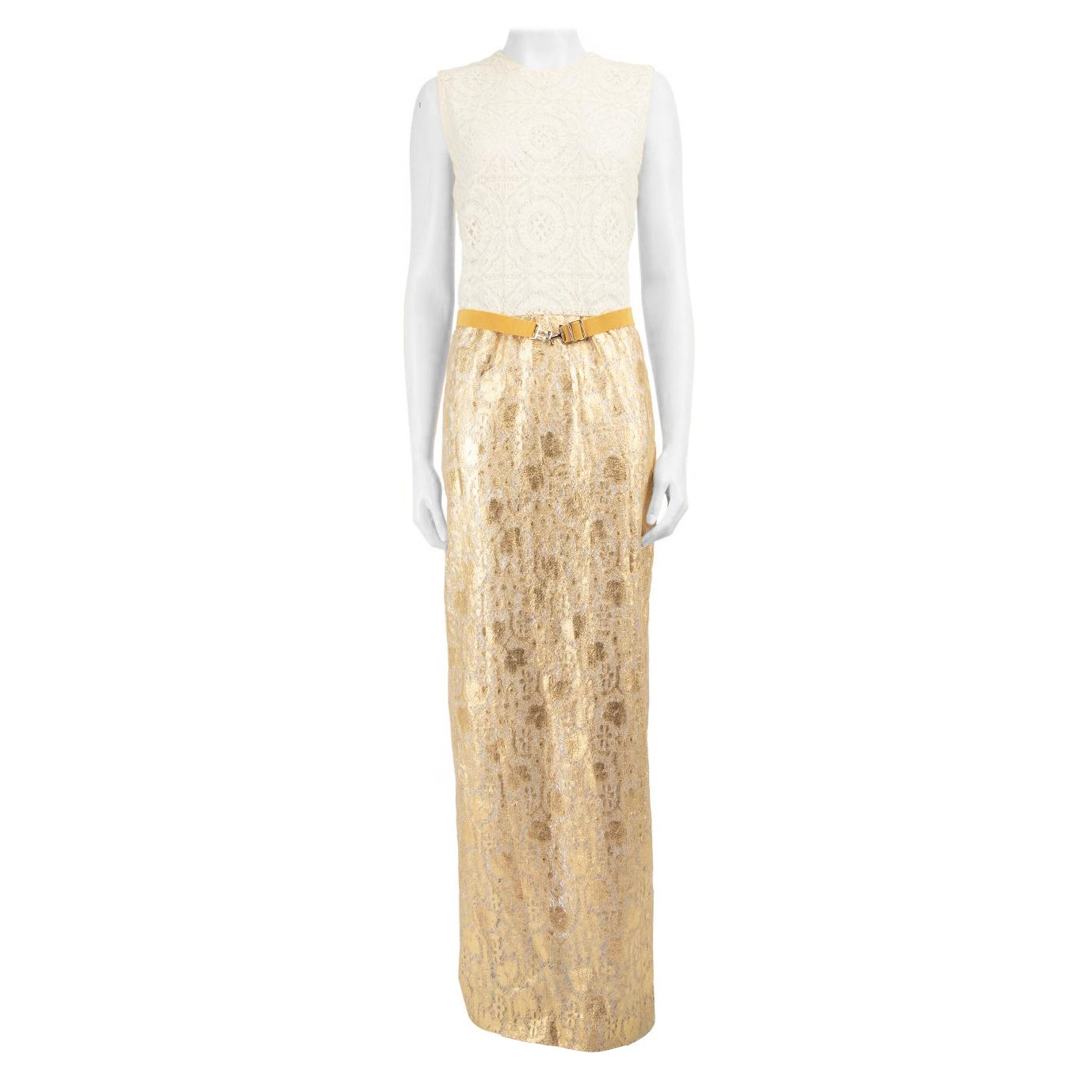 Alessandra Rich Gold Lace Maxi Dress With Belt Size XL