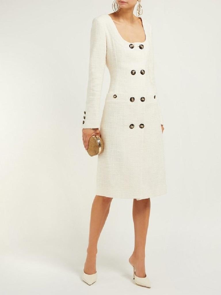 Alessandra Rich Vestido midi de doble botonadura de tweed de algodón marfil - US 8 en venta 5