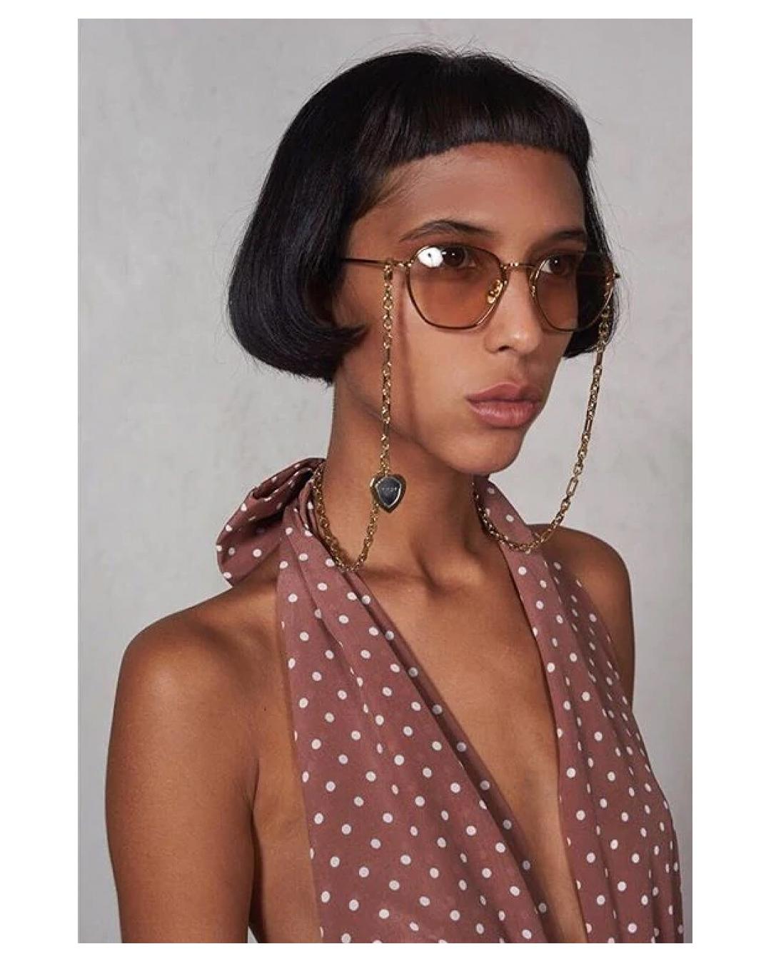 Alessandra Rich Linda Farrow 1 C2 pink rectangular heart chain gold sunglasses For Sale 1