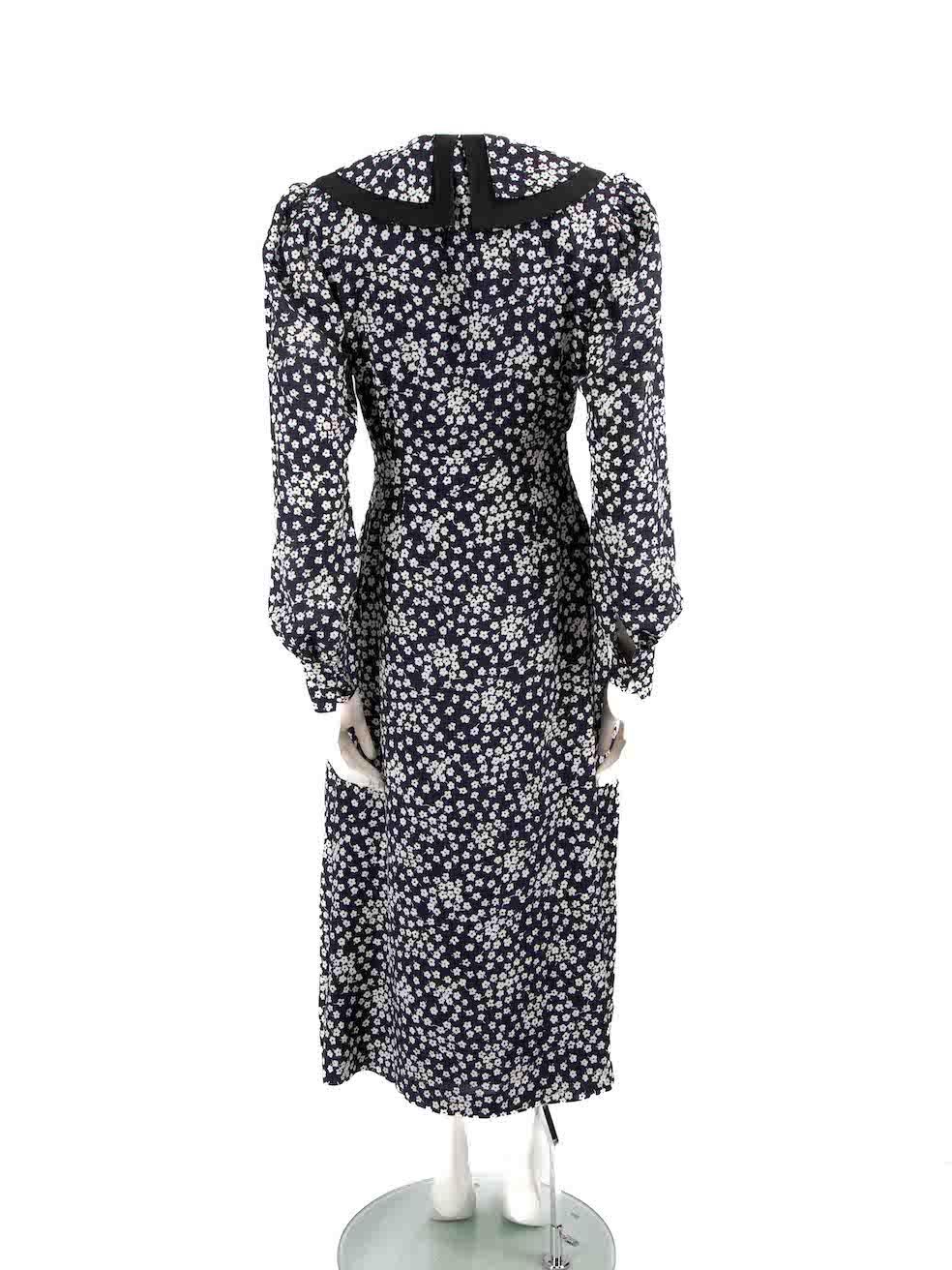 Black Alessandra Rich Navy Silk Floral Print Midi Dress Size S