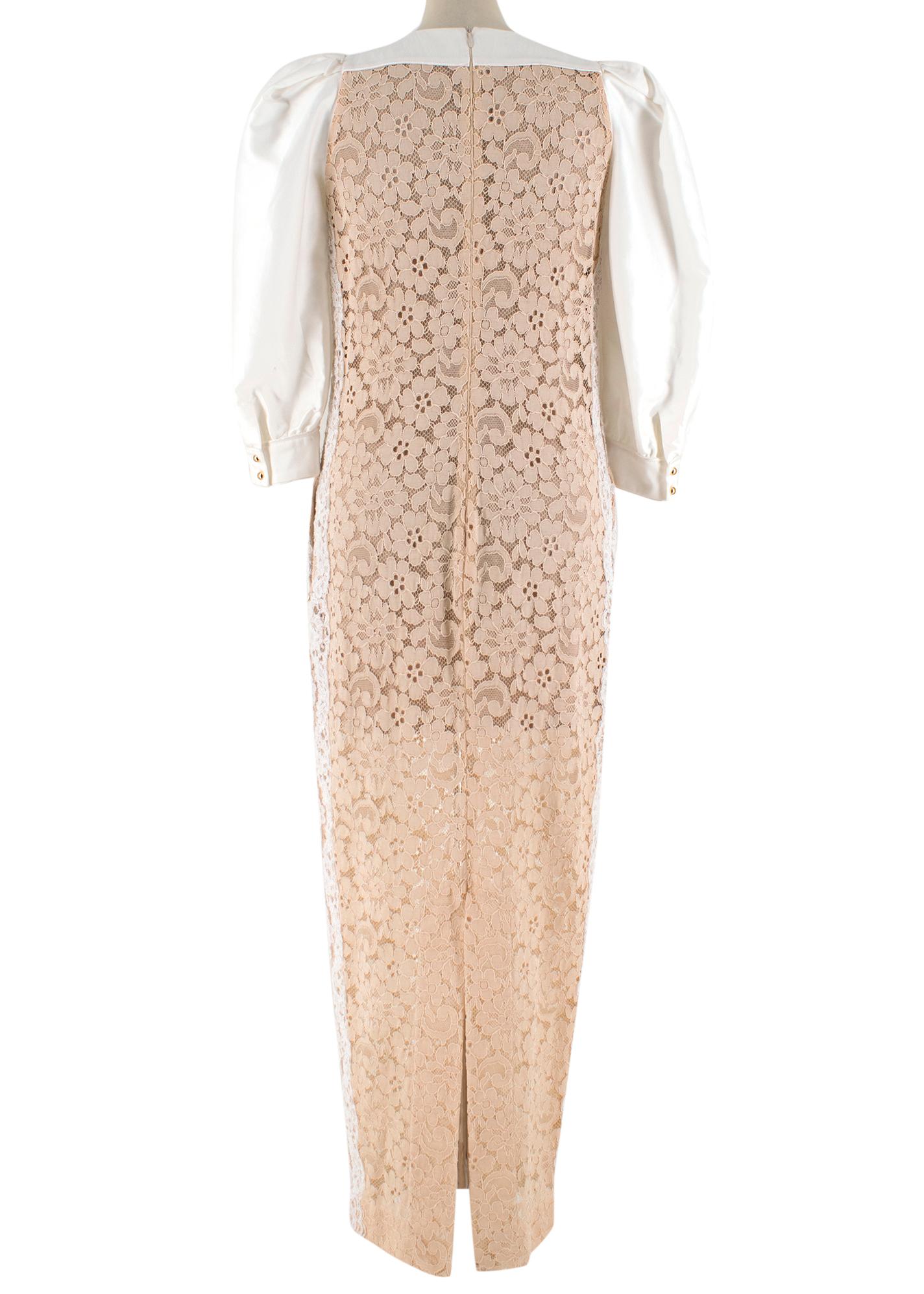 Beige Alessandra Rich Nude Floral Lace Dress w/ Puff Sleeves - Size US 4 For Sale