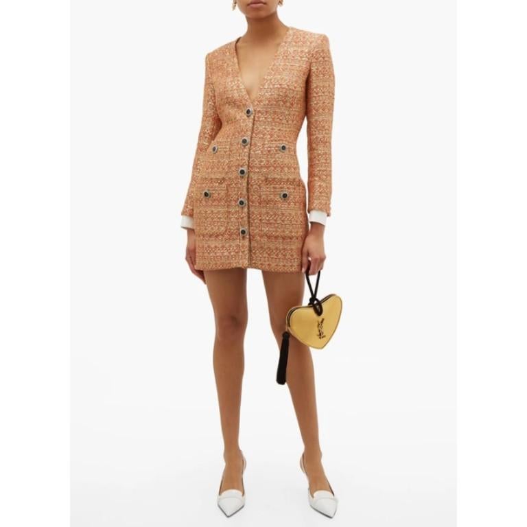 Alessandra Rich Orange & Gold Sequin Embellished Tweed Dress

- Made of a gorgeous jewel like tweed 
- Collarless classic cut 
- Gorgeous sequin embellished texture 
- Beautiful warm orange and gold hues 
- Intricate lacquered metal buttons 
-