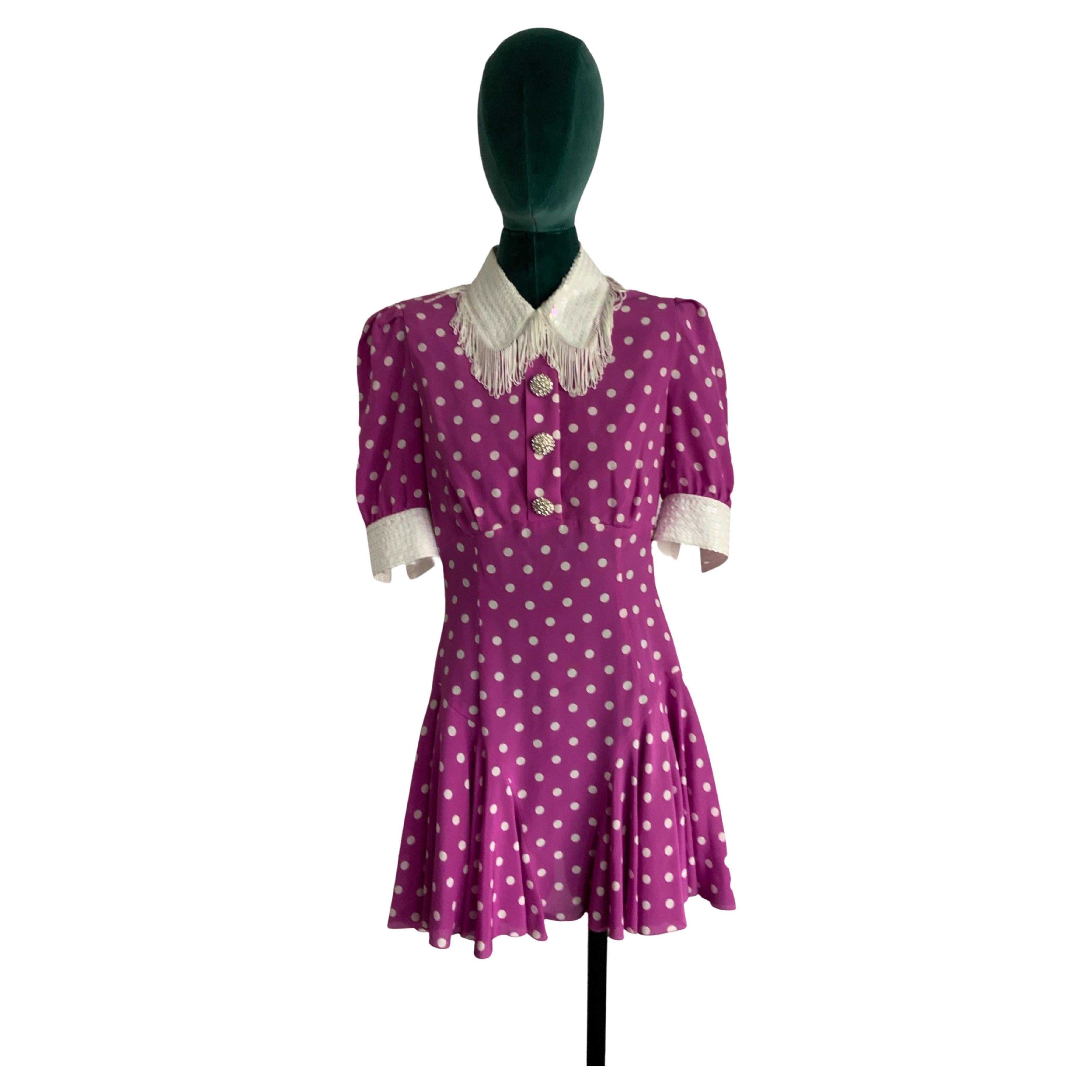 Alessandra Rich polkadot short dress with sequins collar  For Sale