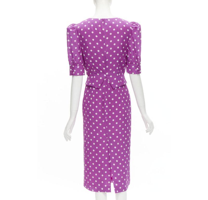 ALESSANDRA RICH purple polka dot puff sleeve crystal bow dress IT38 XS In Excellent Condition For Sale In Hong Kong, NT