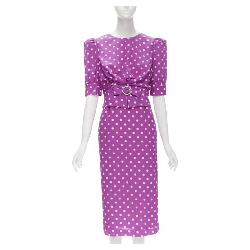 ALESSANDRA RICH purple polka dot puff sleeve crystal bow dress IT38 XS For Sale
