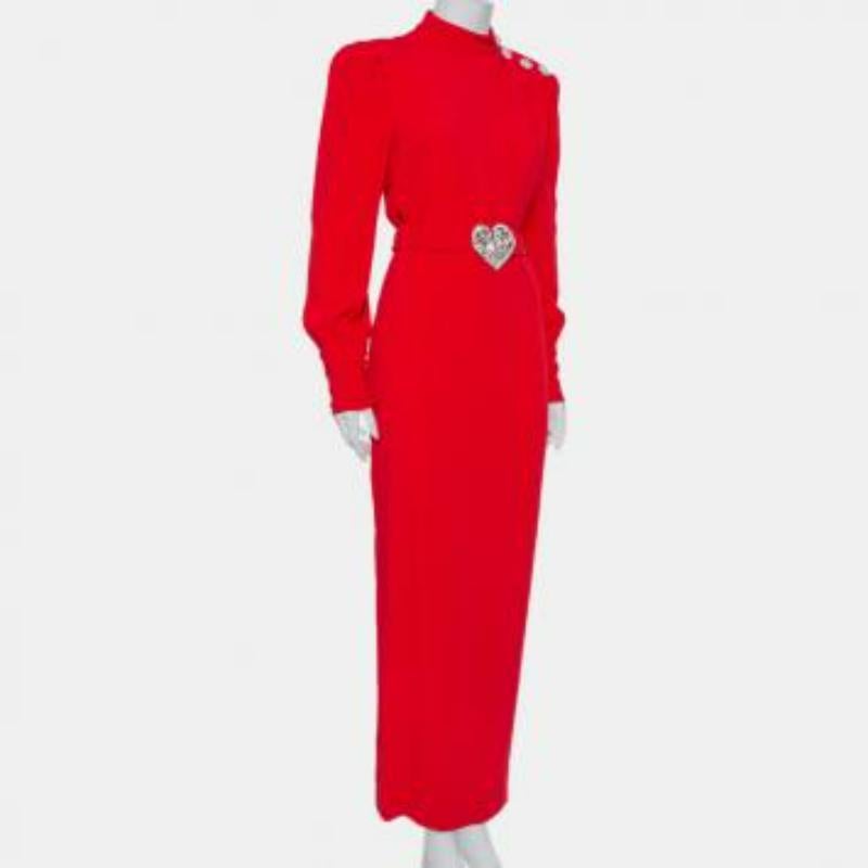 Alessandra Rich Red Crepe Embellished Button Belted Gown M In Excellent Condition For Sale In Dubai, Al Qouz 2