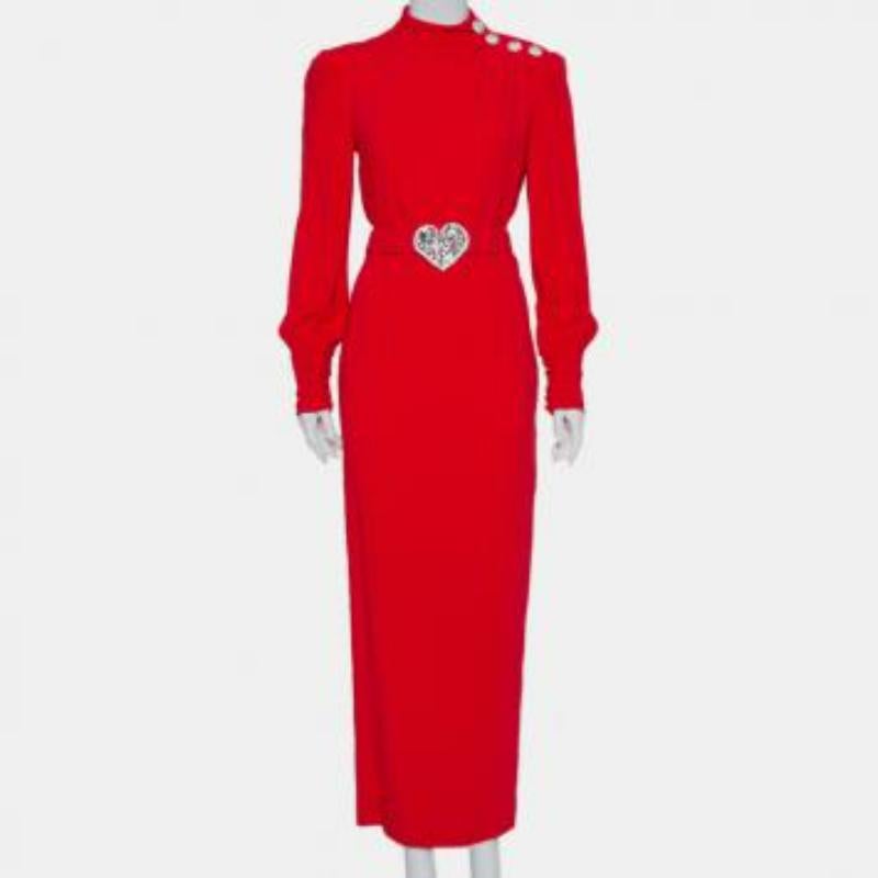 Alessandra Rich Red Crepe Embellished Button Belted Gown M For Sale 1
