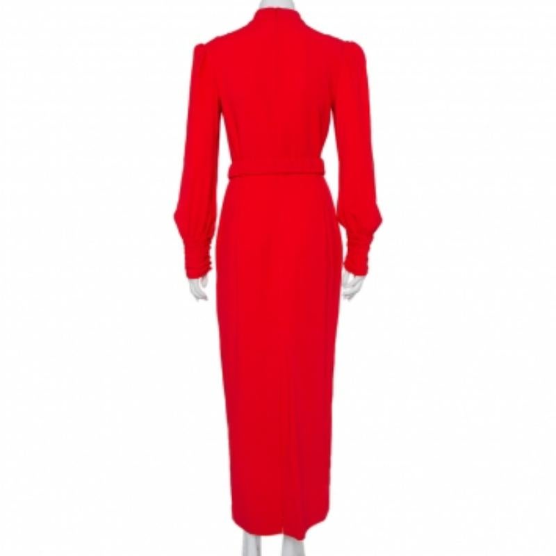Alessandra Rich Red Crepe Embellished Button Belted Gown M For Sale 5