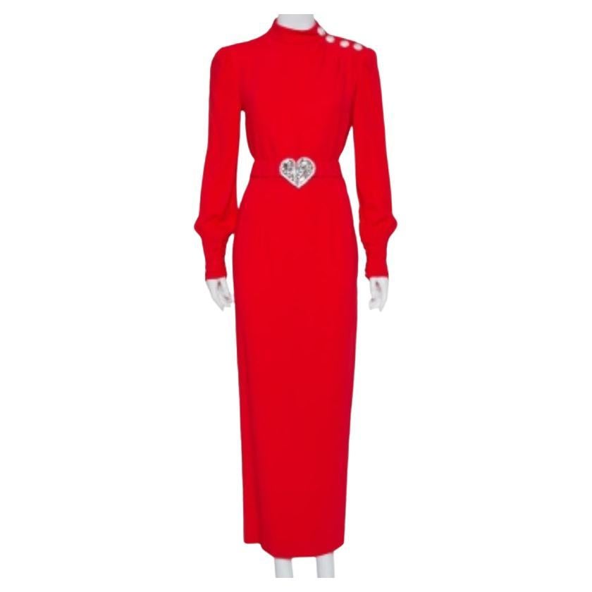 Alessandra Rich Red Crepe Embellished Button Belted Gown M For Sale