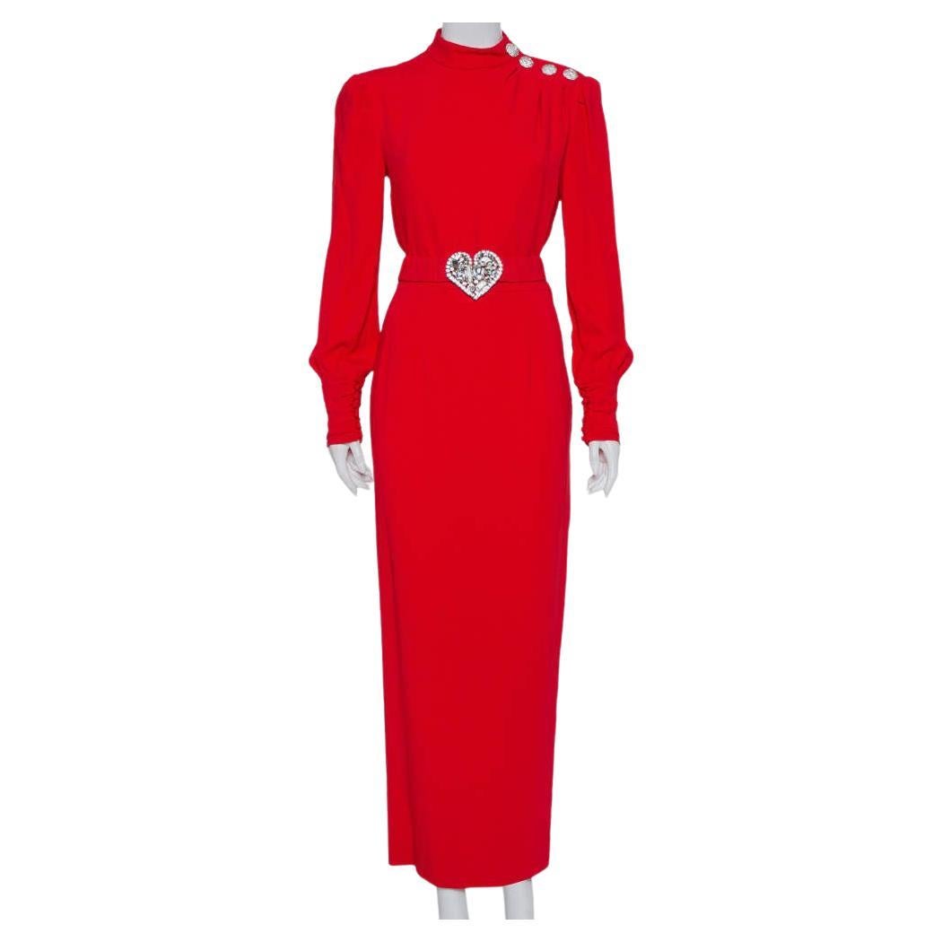 Alessandra Rich Red Crepe Embellished Button Belted Gown M For Sale