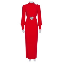 Alessandra Rich Red Crepe Embellished Button Belted Gown M