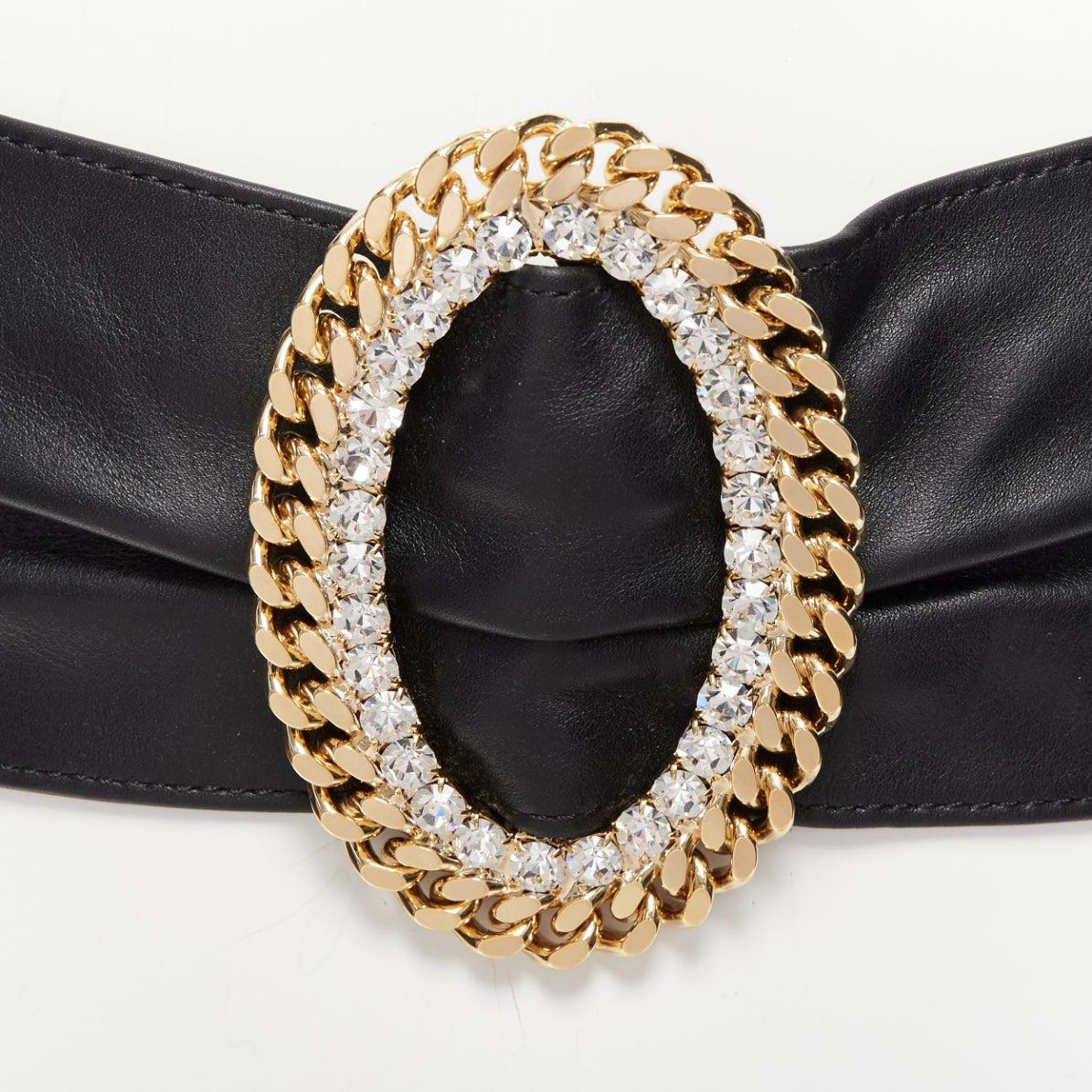 ALESSANDRA RICH rhinestone crystal gold chain oval buckle black leather belt S
Reference: AAWC/A01192
Brand: Alessandra Rich
Material: Leather, Metal
Color: Black, Gold
Pattern: Solid
Closure: Belt
Lining: Black Leather
Extra Details: Belt with gold