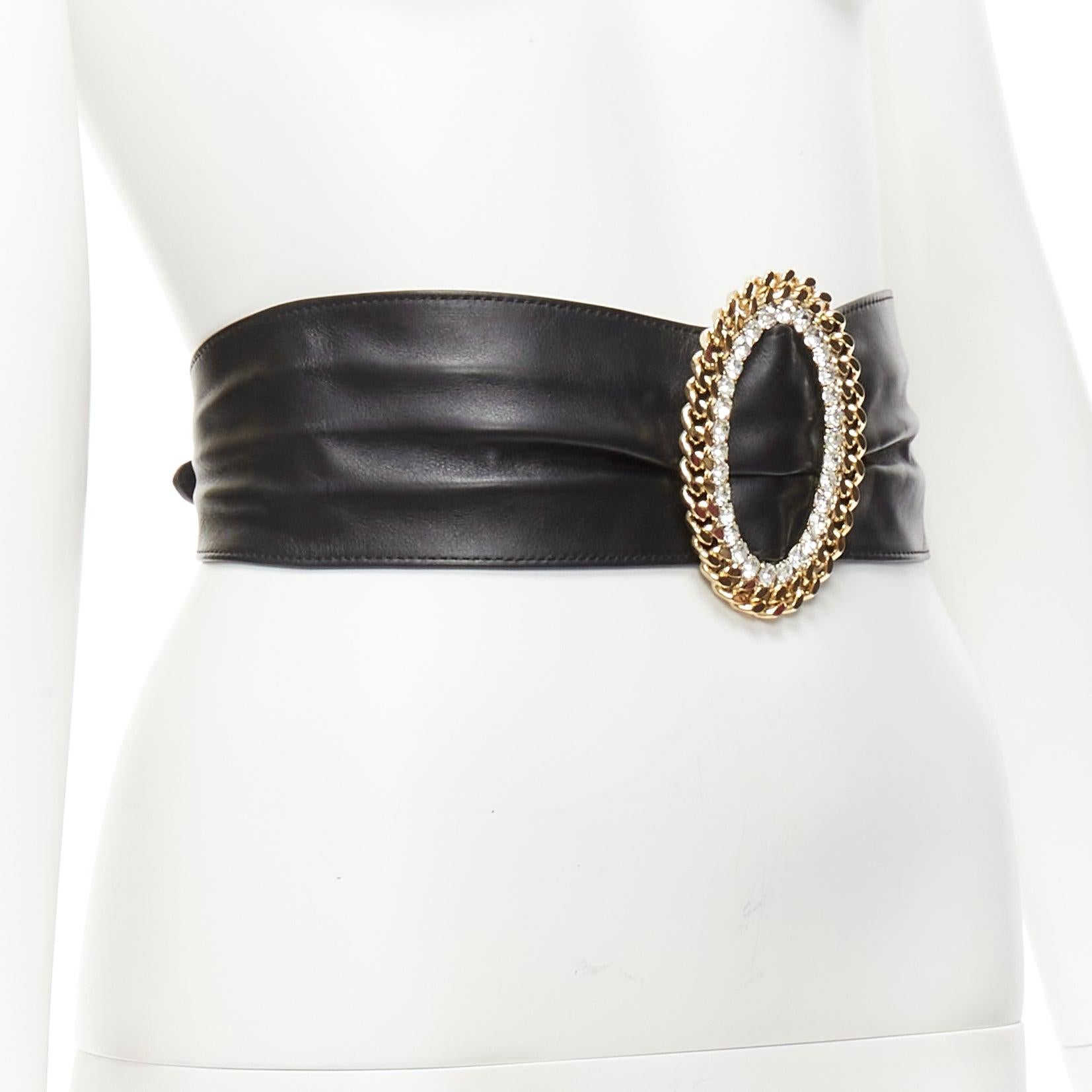 Black ALESSANDRA RICH rhinestone crystal gold chain oval buckle black leather belt S For Sale