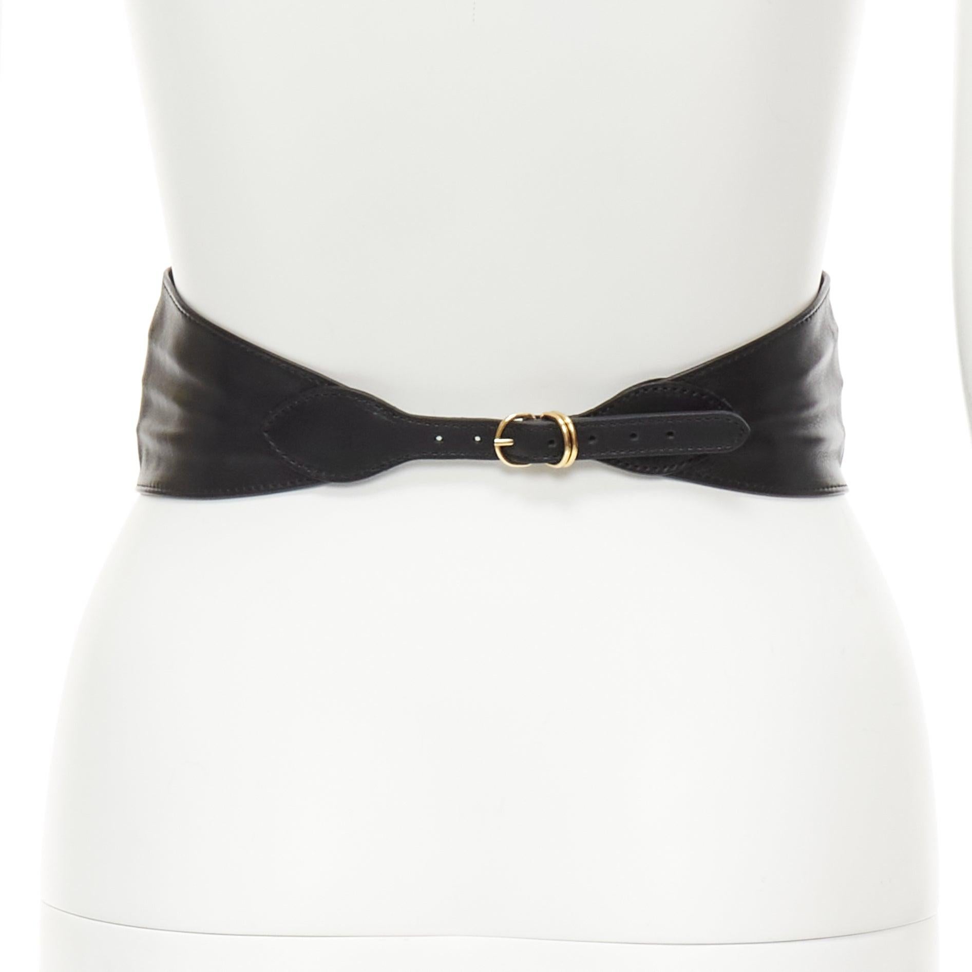 Women's ALESSANDRA RICH rhinestone crystal gold chain oval buckle black leather belt S For Sale
