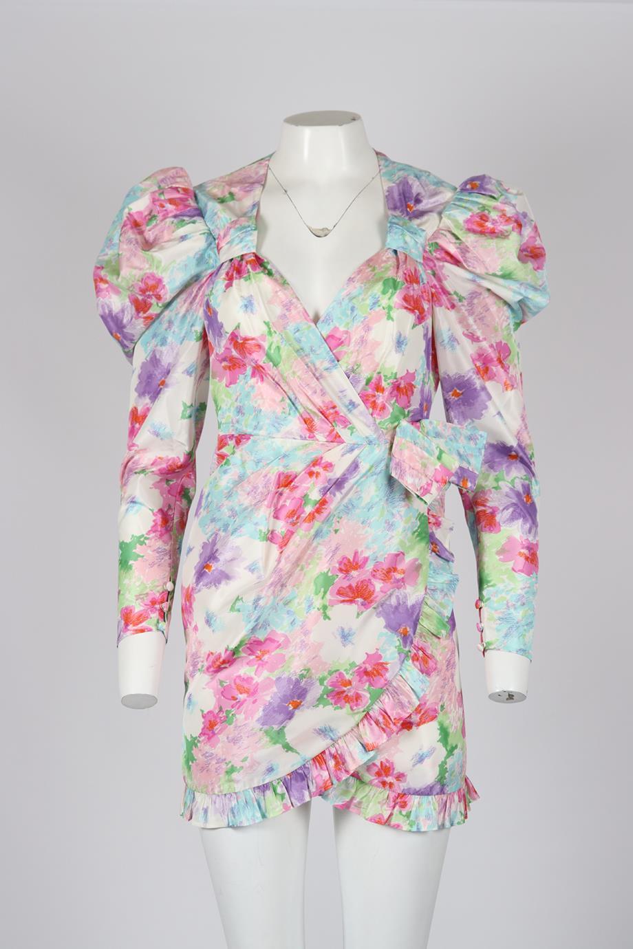 Alessandra Rich Ruffled Floral Print Silk Mini Dress. Multi. Long Sleeve. V-Neck. Zip fastening - Back. 100% Silk. 100% Cupro. 100% Polyamide. IT 40 (UK 8, US 4, FR 36). Bust: 31.9 in. Waist: 26.3 in. Hips: 31.5 in. Length: 33 in. Condition: Used.