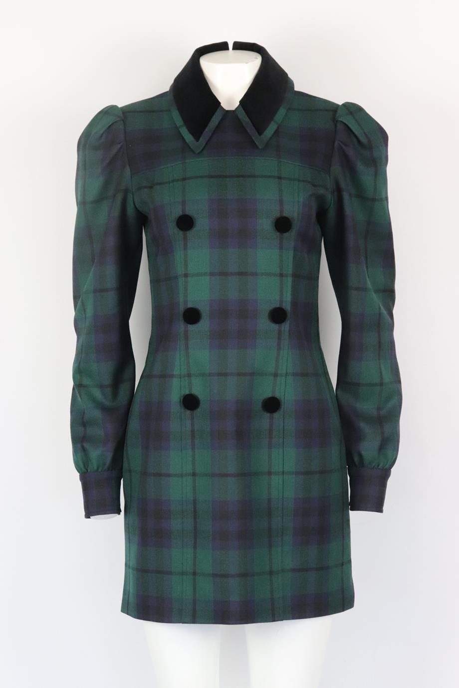 Alessandra Rich velvet trimmed checked wool blend mini dress. Green, navy and black. Long sleeve, crewneck. Zip fastening at front. 100% Wool; fabric2: 99% cotton, 1% elastane; lining: 65% viscose, 35% polyester; lining2: 100% polyamide. Size: IT 42