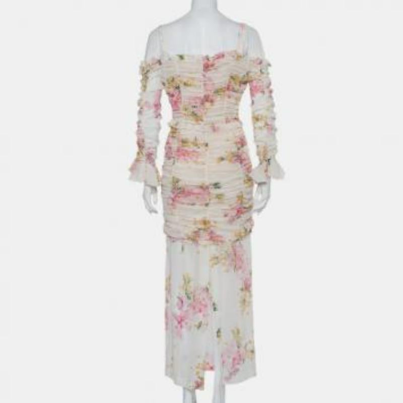 Gray Alessandra Rich White Floral Printed Silk Ruched Cold Shoulder Maxi Dress M For Sale