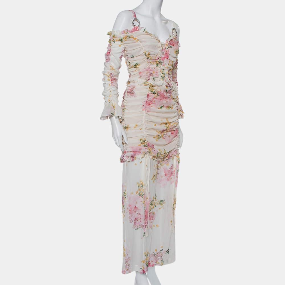 Gris Alessandra Rich - Robe longue en soie imprimée à fleurs blanches froncée à épaules dénudées, taille M en vente