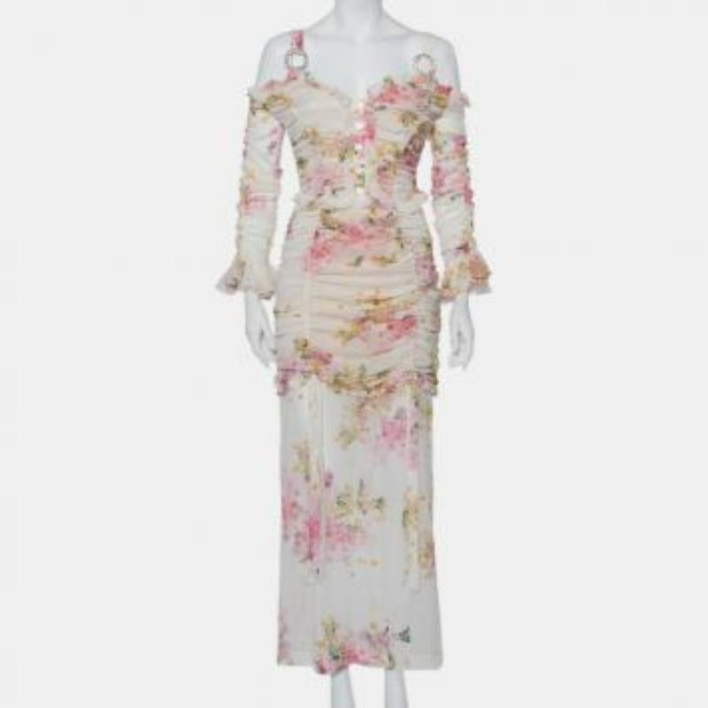 Alessandra Rich White Floral Printed Silk Ruched Cold Shoulder Maxi Dress M In Excellent Condition For Sale In Dubai, Al Qouz 2
