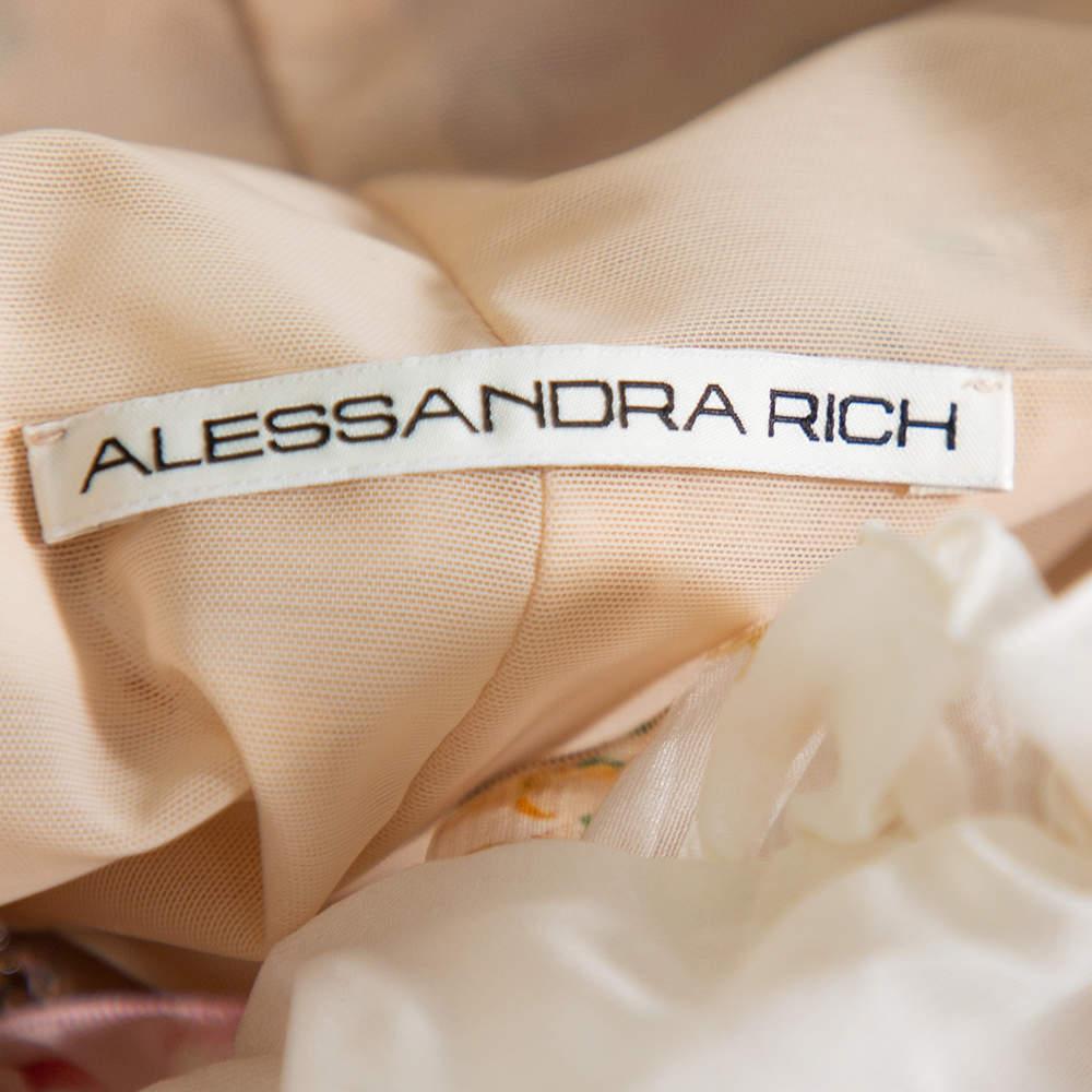 Alessandra Rich White Floral Printed Silk Ruched Cold Shoulder Maxi Dress M In Excellent Condition For Sale In Dubai, Al Qouz 2
