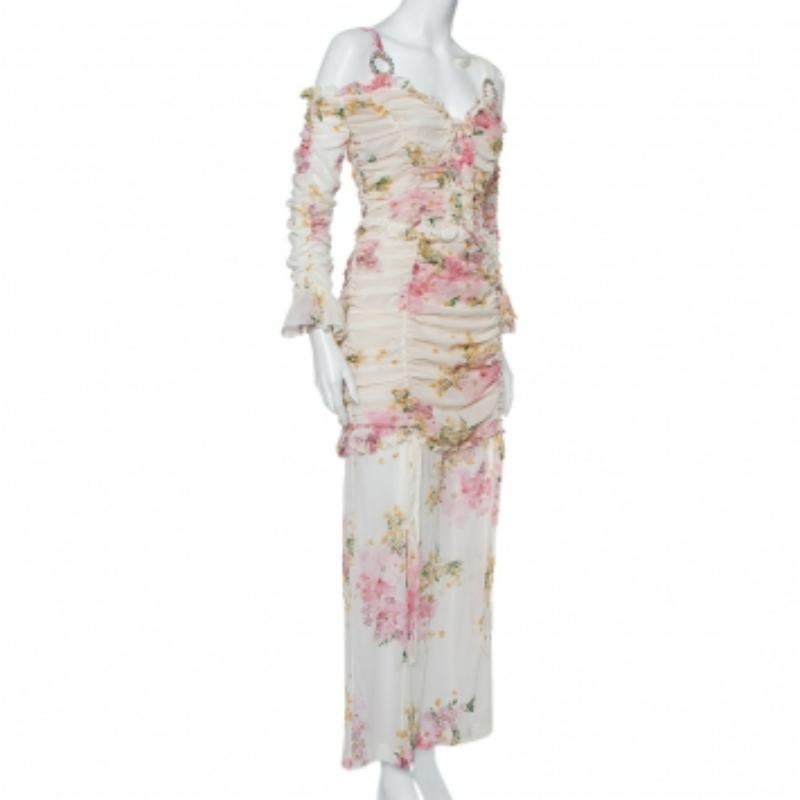 Alessandra Rich White Floral Printed Silk Ruched Cold Shoulder Maxi Dress M For Sale 1