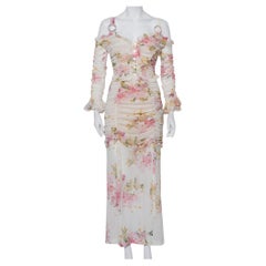 Alessandra Rich White Floral Printed Silk Ruched Cold Shoulder Maxi Dress M