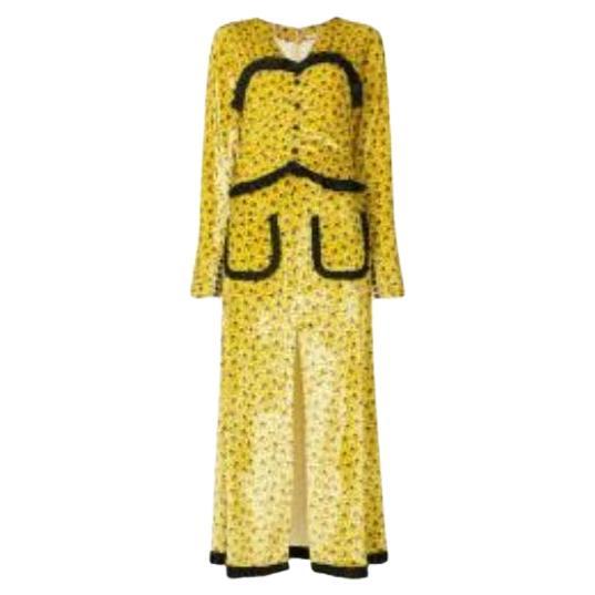 Alessandra Rich Yellow Floral Printed Velvet Tea Dress For Sale