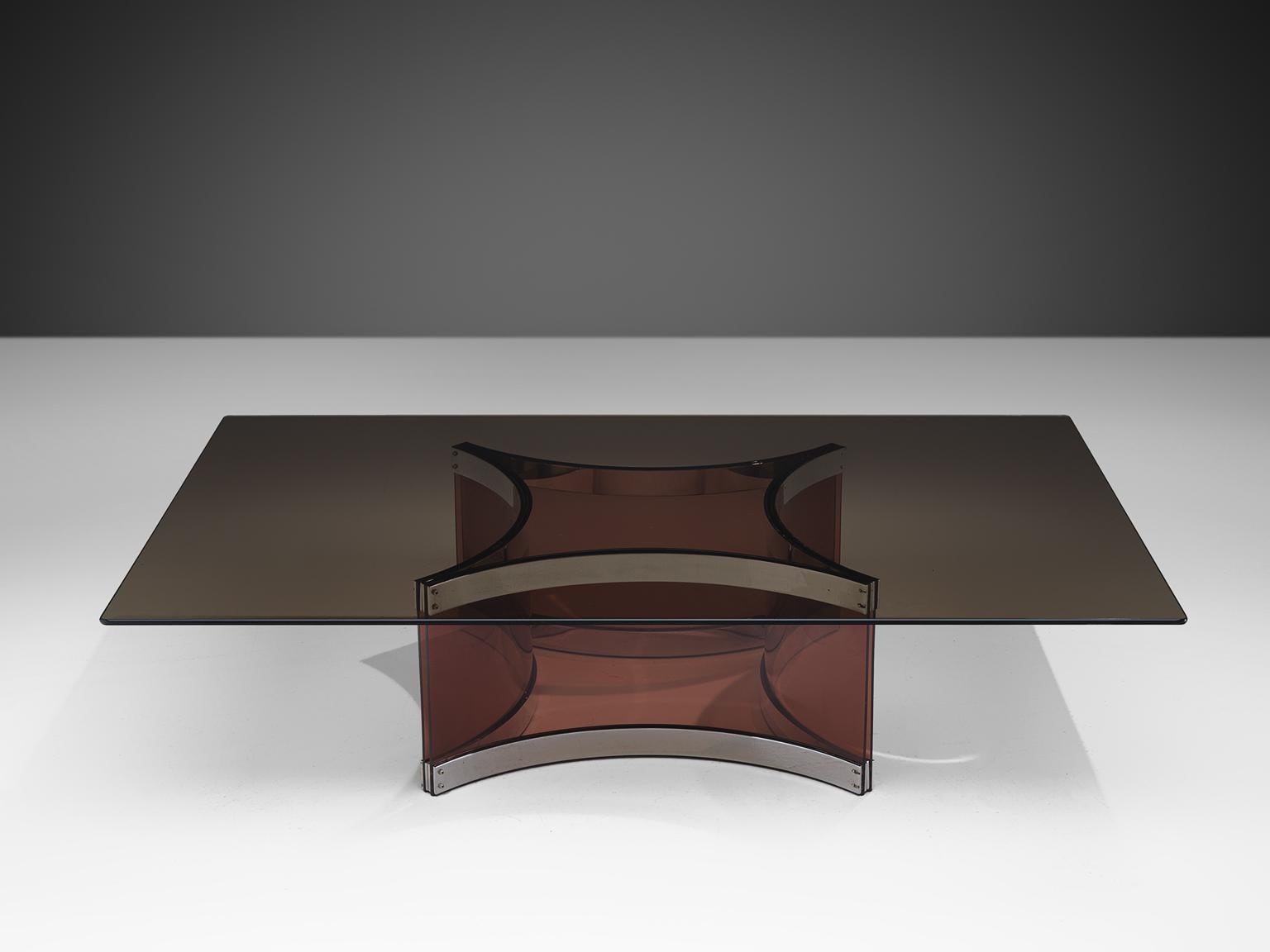 Alessandro Albrizzi, coffee table, glass, Italy, 1960s.

This cocktail table has a bent, cross-shaped base. The top and base were made in two tones of smoked glass. The curved glass segments of the base have chrome metal edges. These elegant details