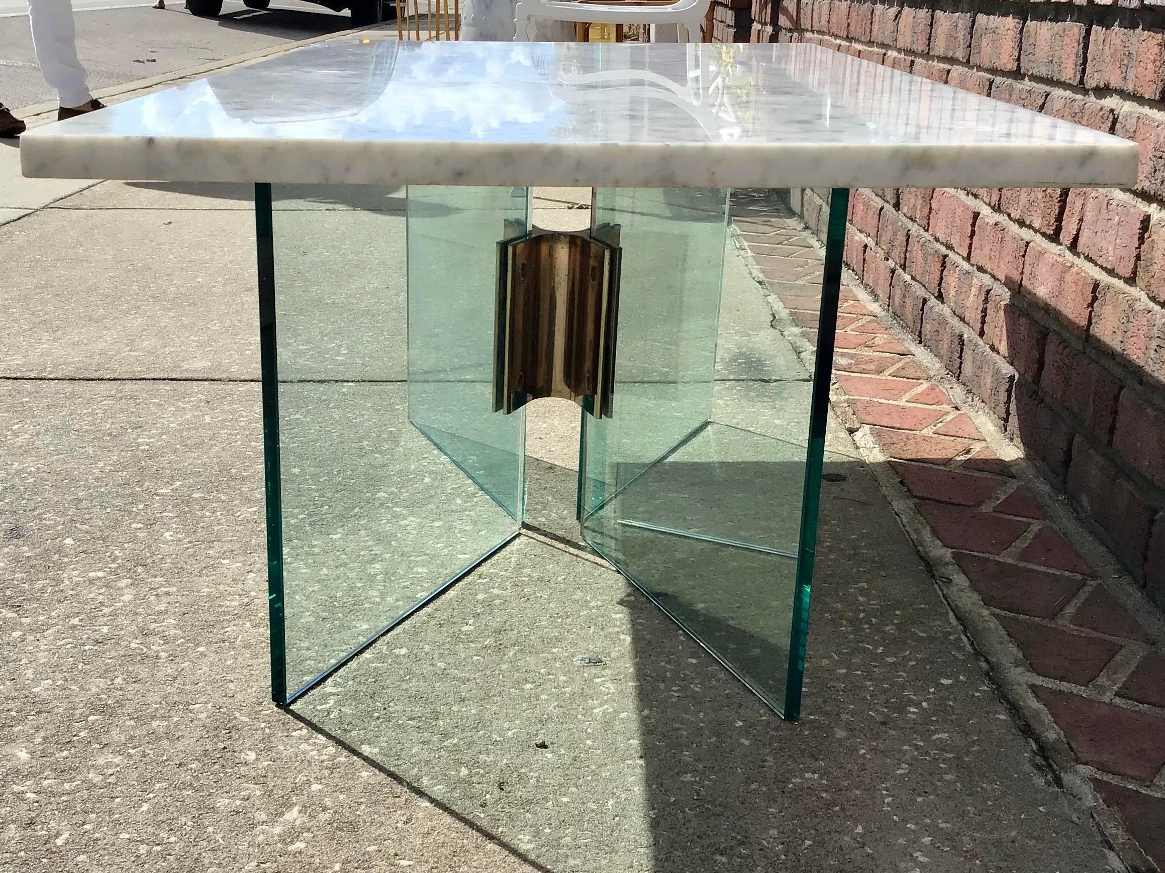 Italian Alessandro Albrizzi Glass Base Coffee Table with White Marble Top