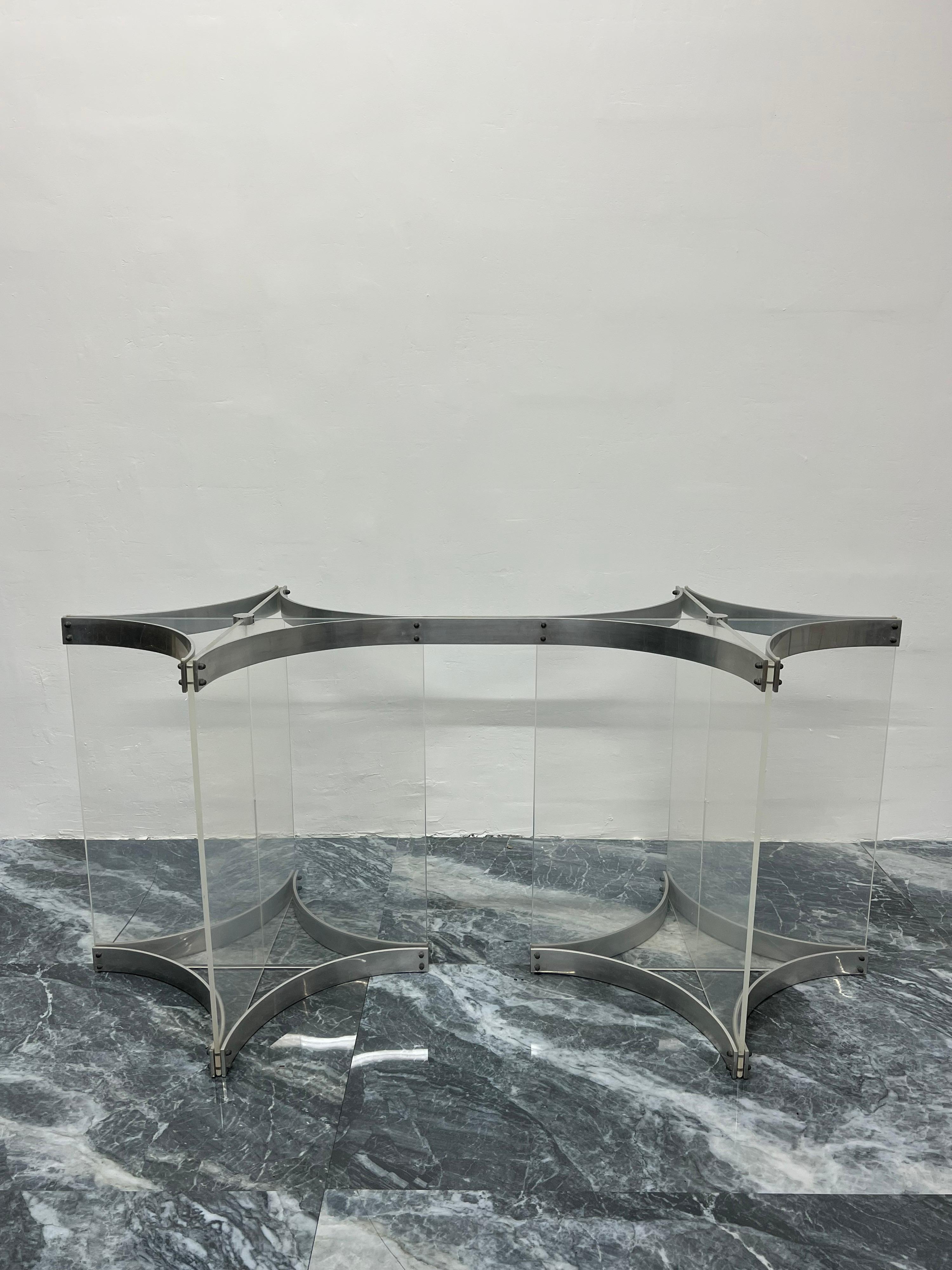 Dining table base made of matte-finish aluminum bands supporting interlocking semi-opaque lucite panels by Alessandro Albrizzi. Base only, no glass top.