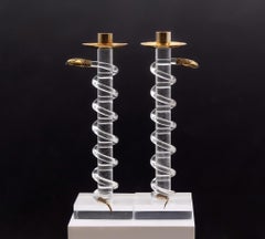 Alessandro Albrizzi Lucite & Brass Serpent Snake Candlesticks 1970s