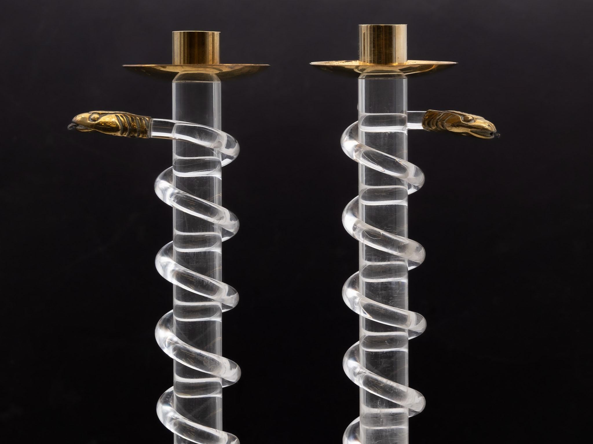 Mid-Century Modern Alessandro Albrizzi Lucite & Brass Serpent Snake Candlesticks 1970s For Sale