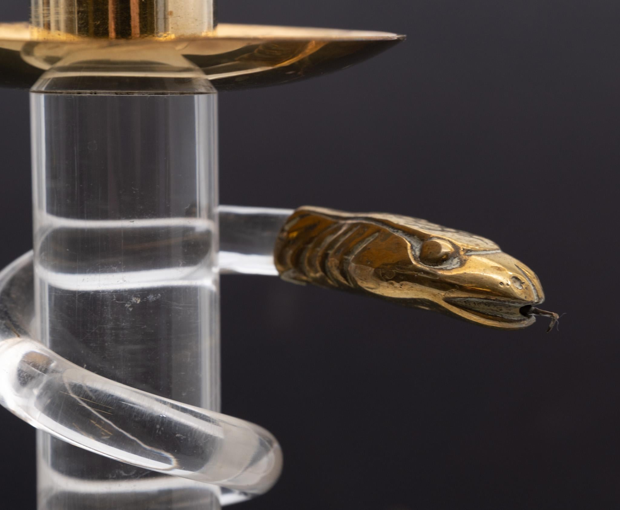 British Alessandro Albrizzi Lucite & Brass Serpent Snake Candlesticks 1970s For Sale