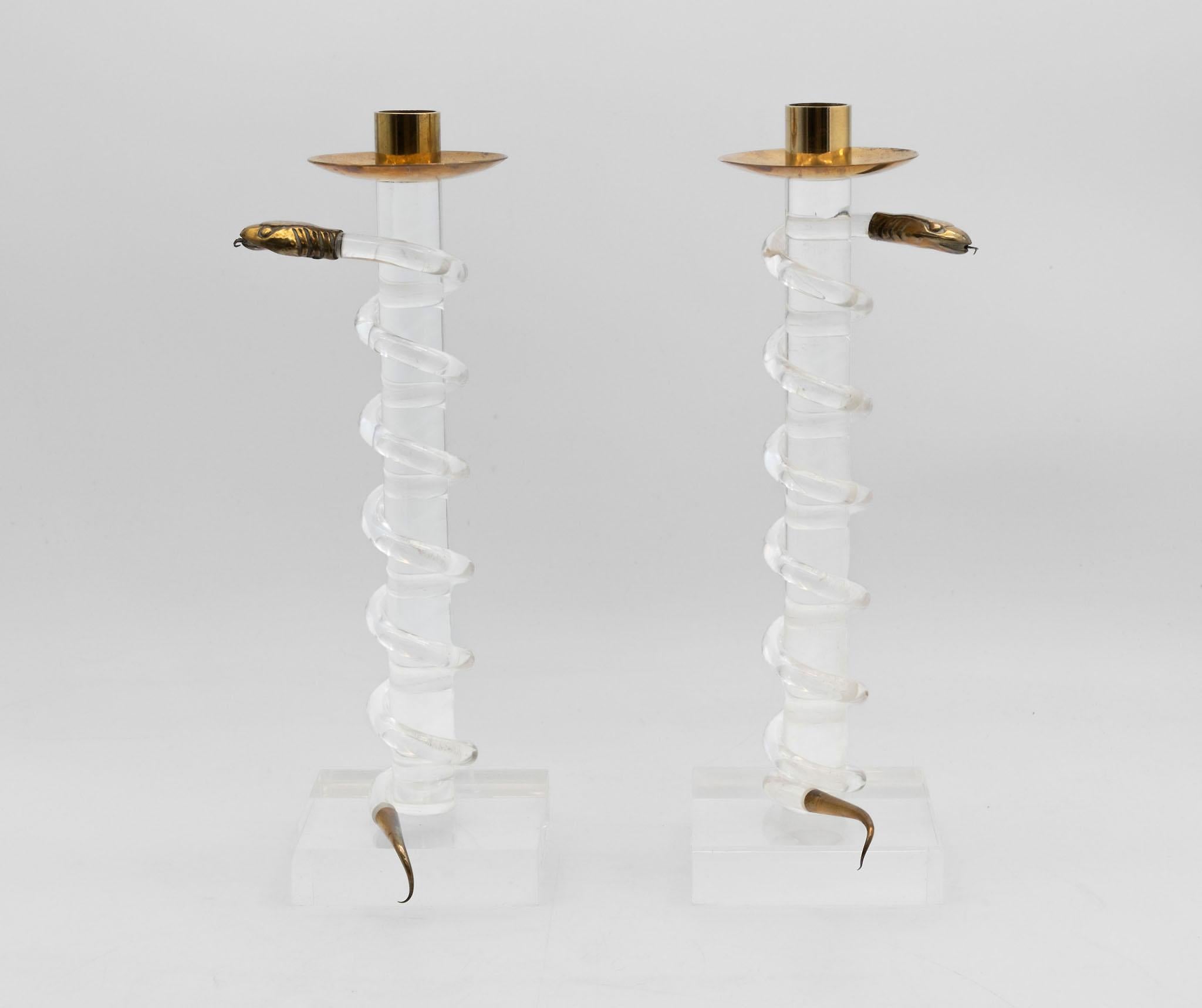 Alessandro Albrizzi Lucite & Brass Serpent Snake Candlesticks 1970s For Sale 2