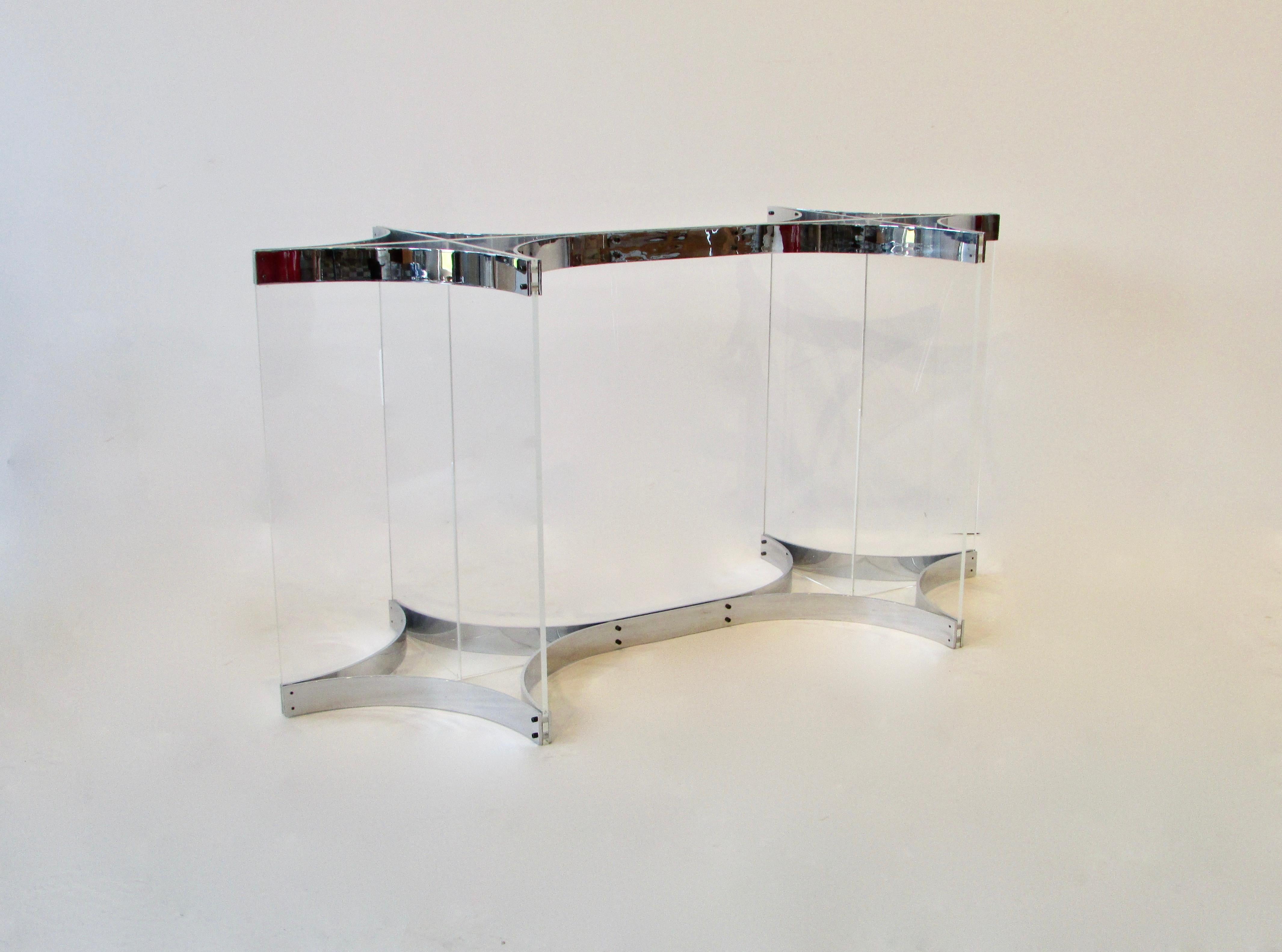 Alessandro Albrizzi dining table base. 3/8 thick sheets of Lucite joined with polished chrome steel bands at top and bottom. Very clean chrome bands and Acrylic panels. Base is ready for your choice of table top material and size.
