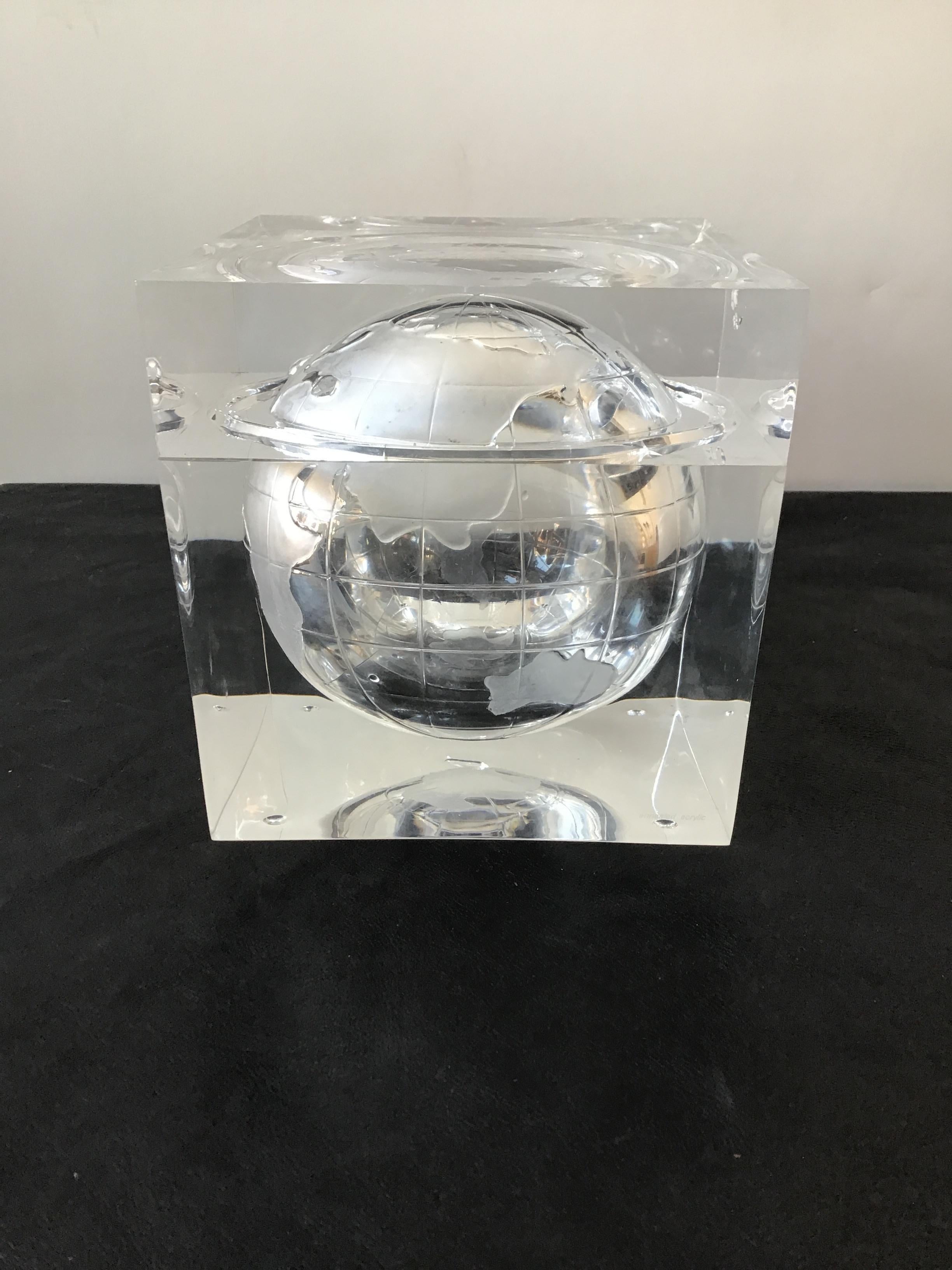Albrizzi Lucite world globe ice bucket. Phytrust is stamped on the lid as shown in image 5.