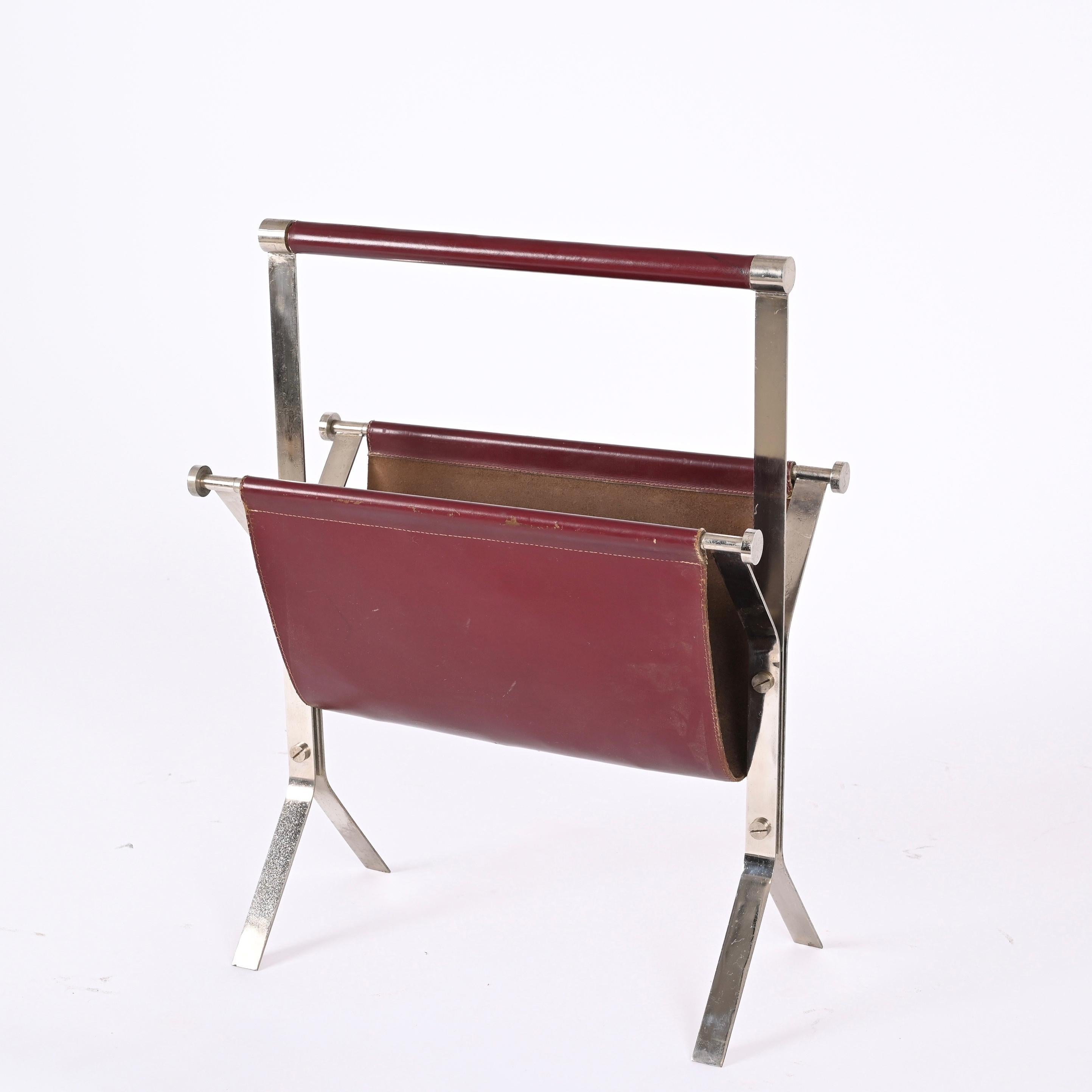 Alessandro Albrizzi Midcentury Chromed Steel and Red Leather Magazine Rack 1970s For Sale 5